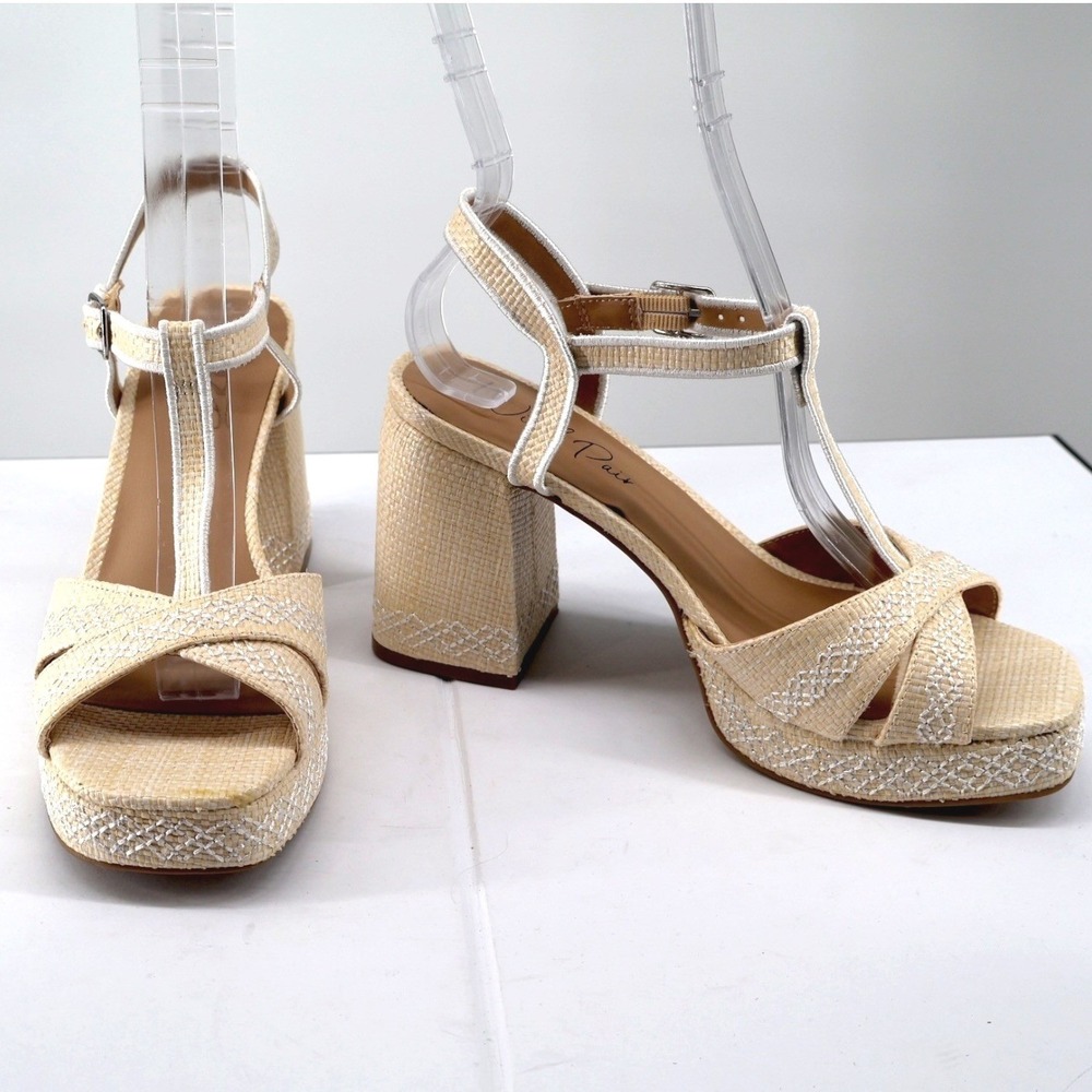 Wild Pair Harperr White Linen Platform Block Heel Sandals T Strap NIB 7.5